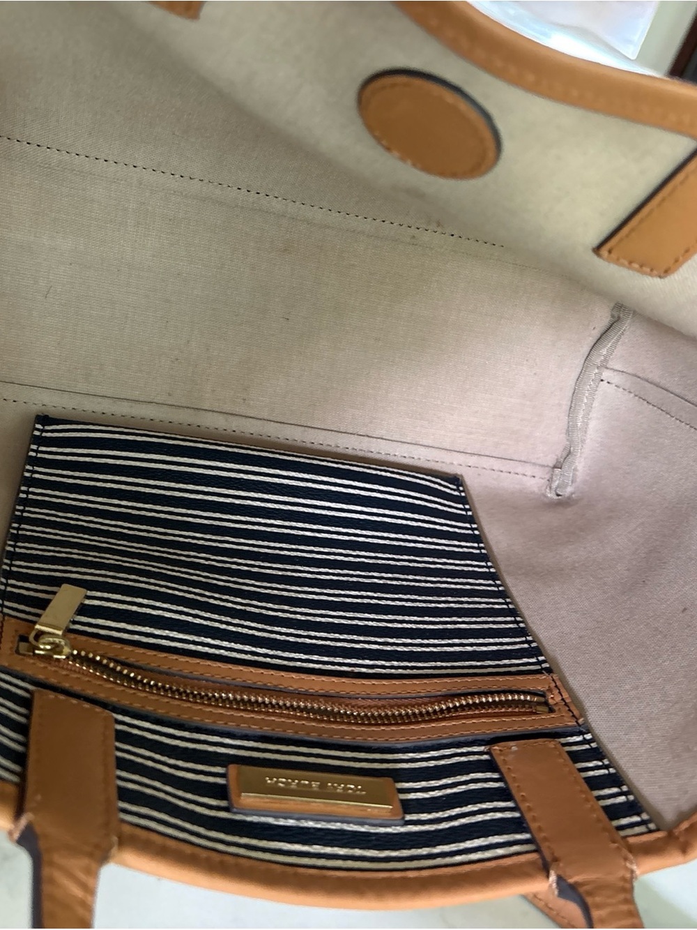 Tory Burch Navy and Cream Striped Tote with Tan Leather Accents - Picture 11 of 16